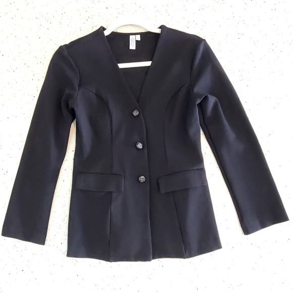 & Other Stories Black Fitted Stretchy Knit 3 Button Collarless Blazer, Sz 4, EUC - Picture 1 of 16